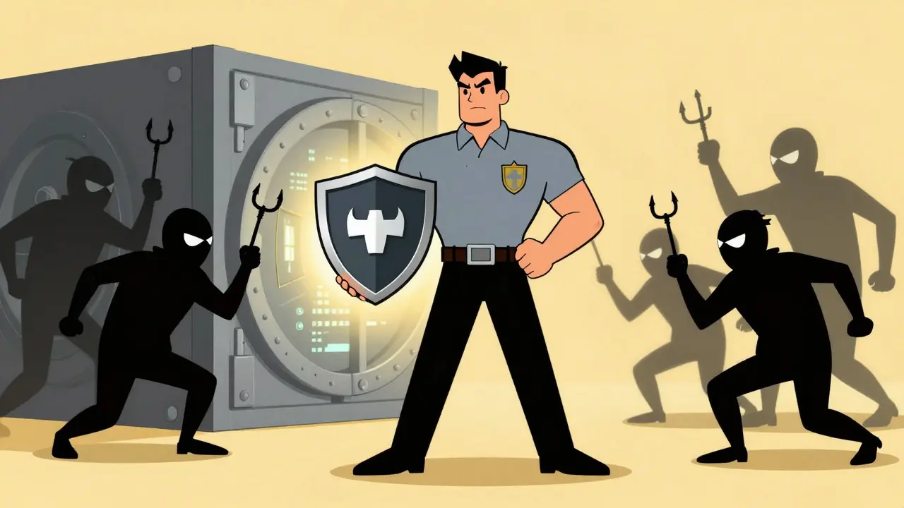 Heroic cartoon figure protecting a digital vault from sneaky thieves