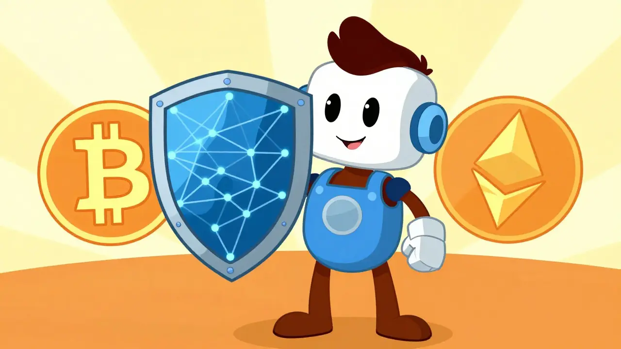 Heroic figure protecting crypto with a lattice shield