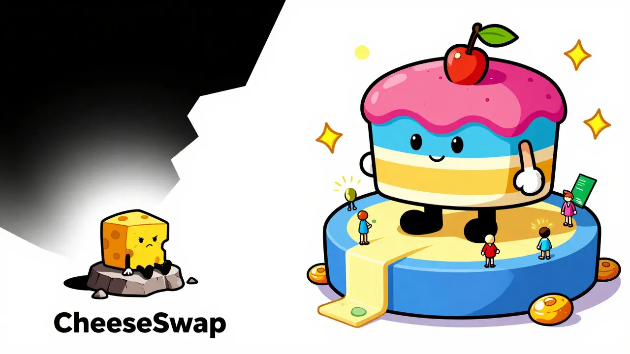Lonely cheese vs giant successful cake character