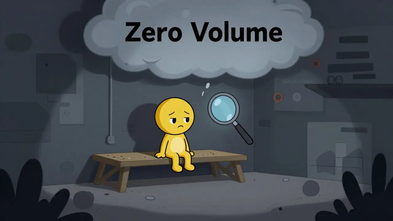 Lonely token in empty market under zero volume clouds in cartoon style