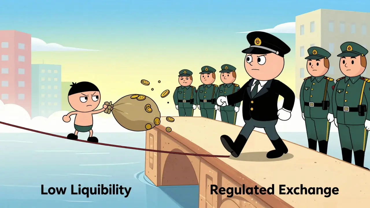 Split scene contrasting risky tightrope trade vs safe regulated bridge