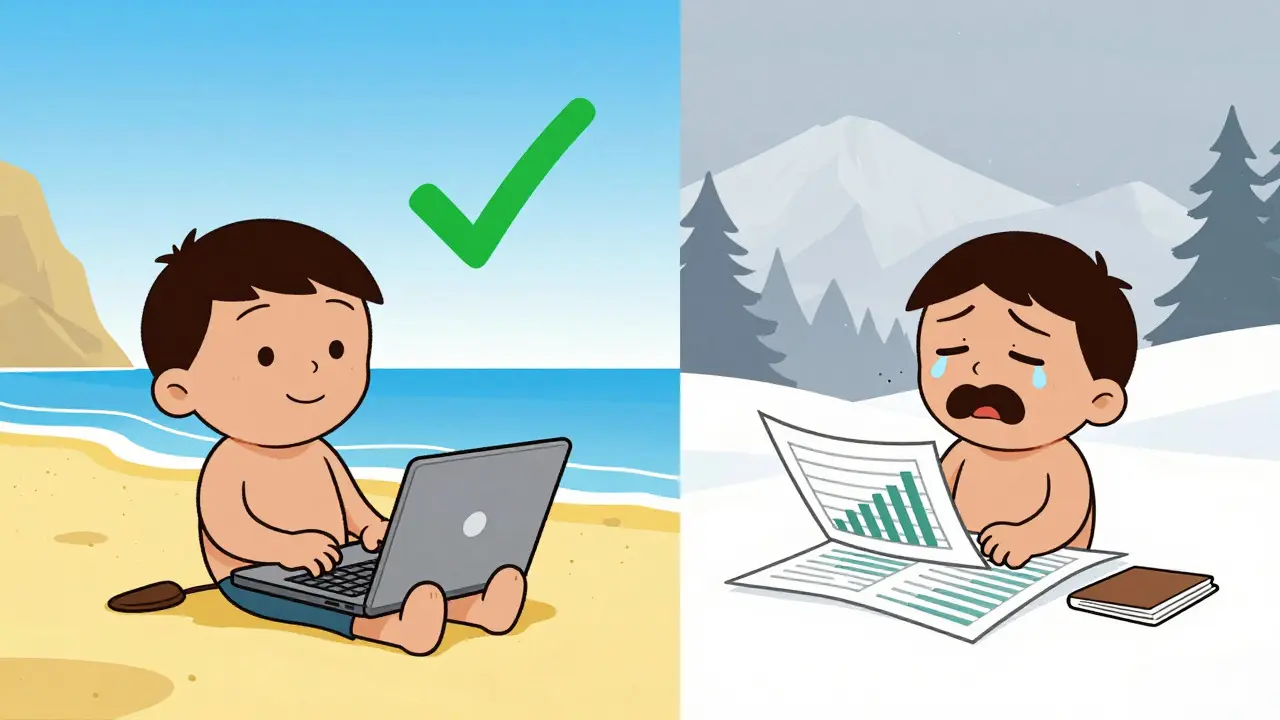 Split screen comparing relaxed trader in Portugal vs stressed in Switzerland