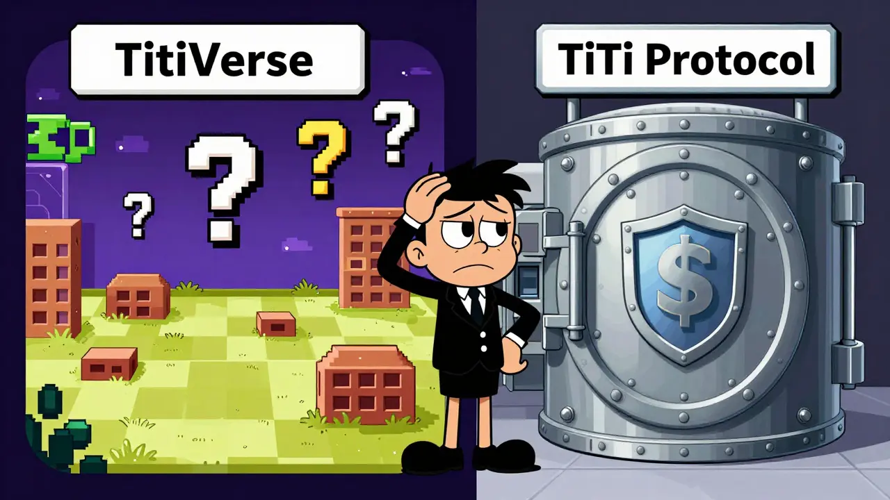 Split screen comparing unfinished metaverse vs secure vault in cartoon style