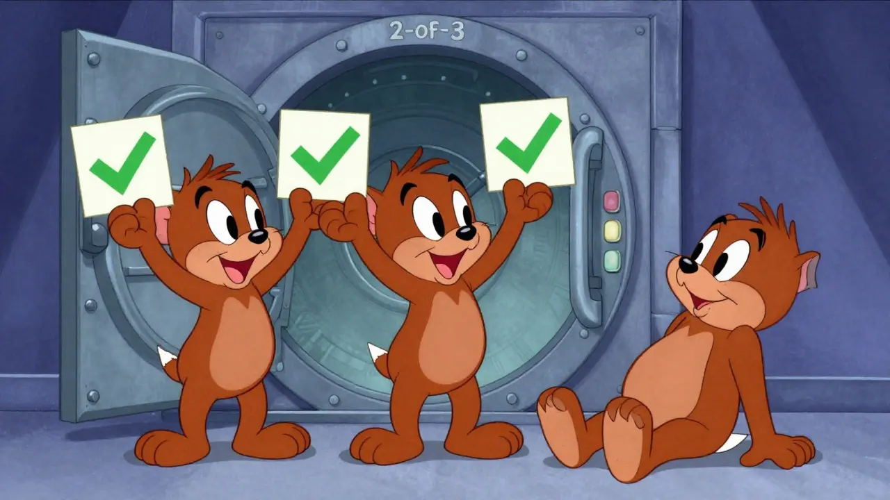 Three characters approving a transaction with two signatures in Hanna-Barbera style