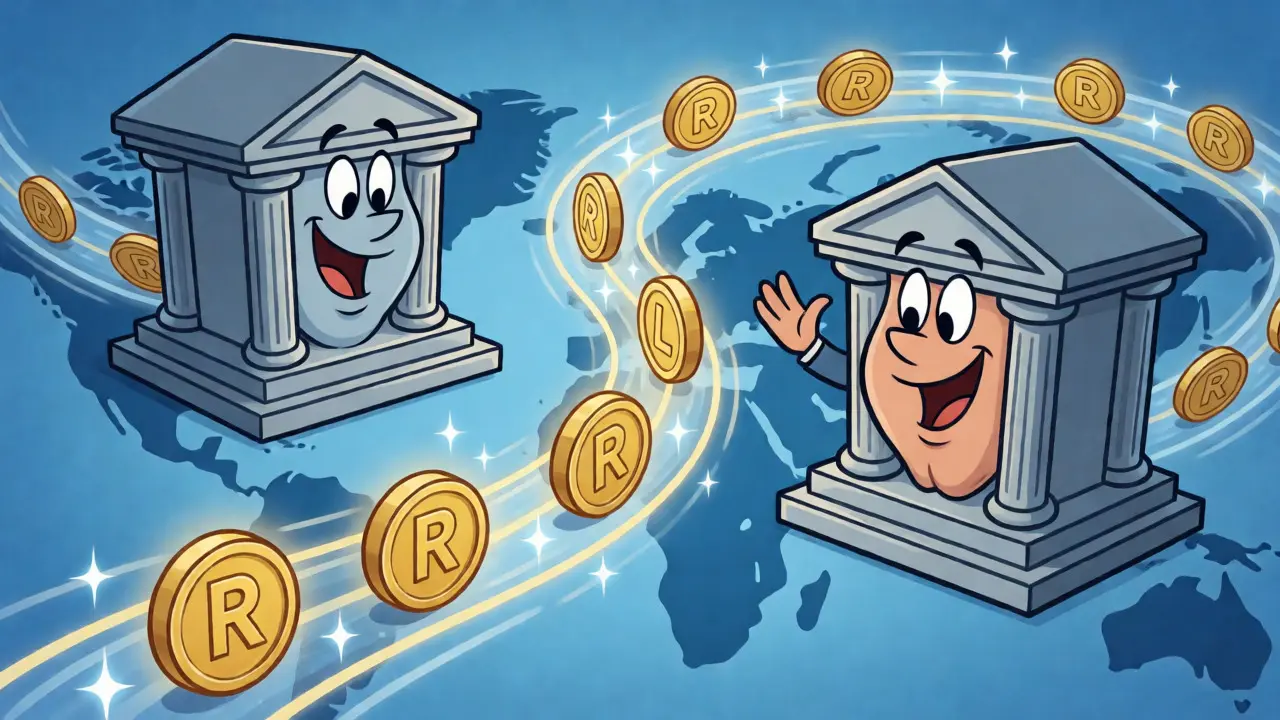 Animated banks exchanging RLUSD tokens via a fast digital pipeline across a map.