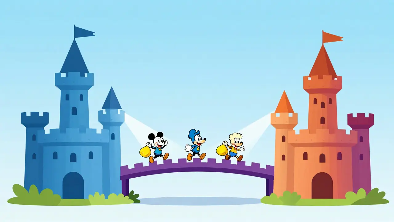 Animated castles connected by a bridge showing cross-chain token transfer