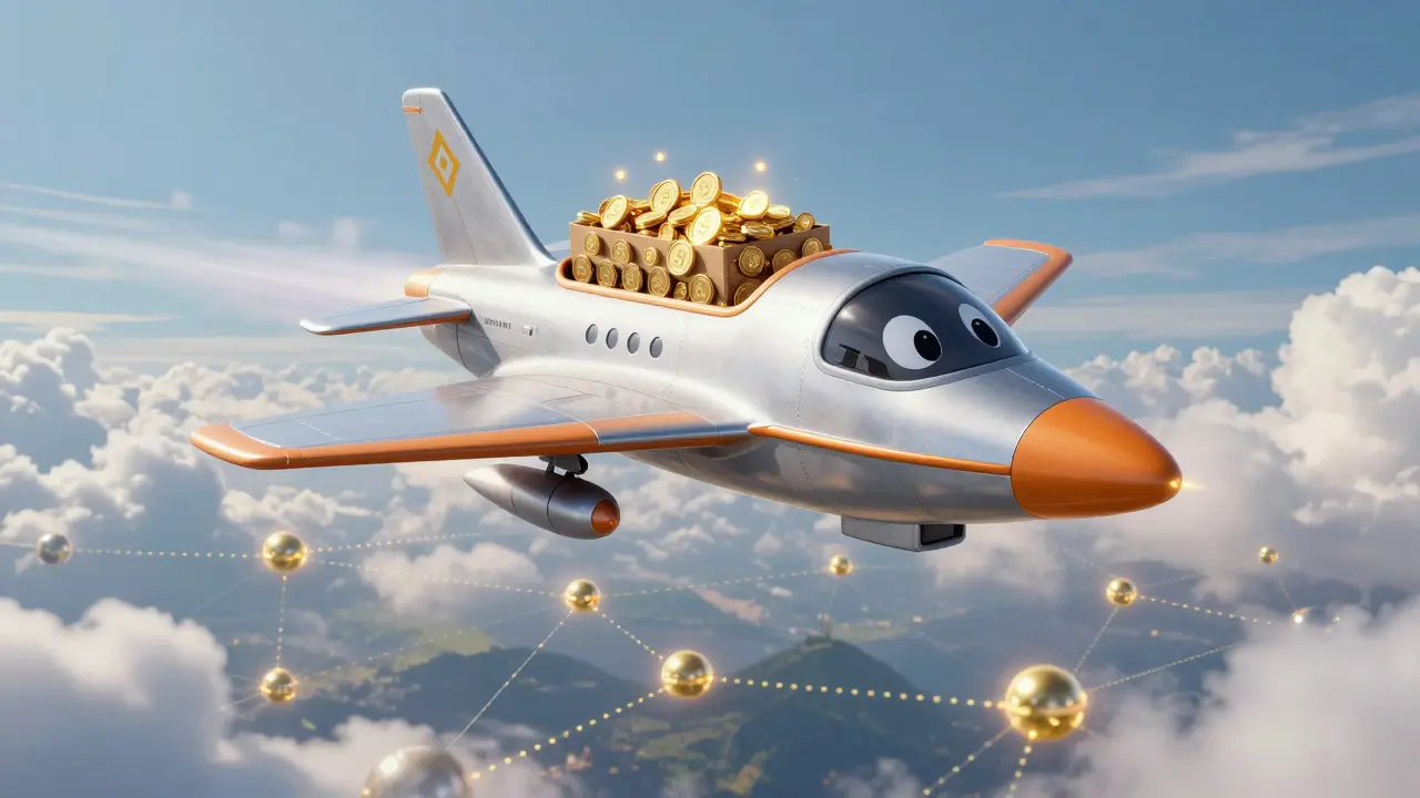 Animated jet plane flying over a blockchain network carrying glowing coins