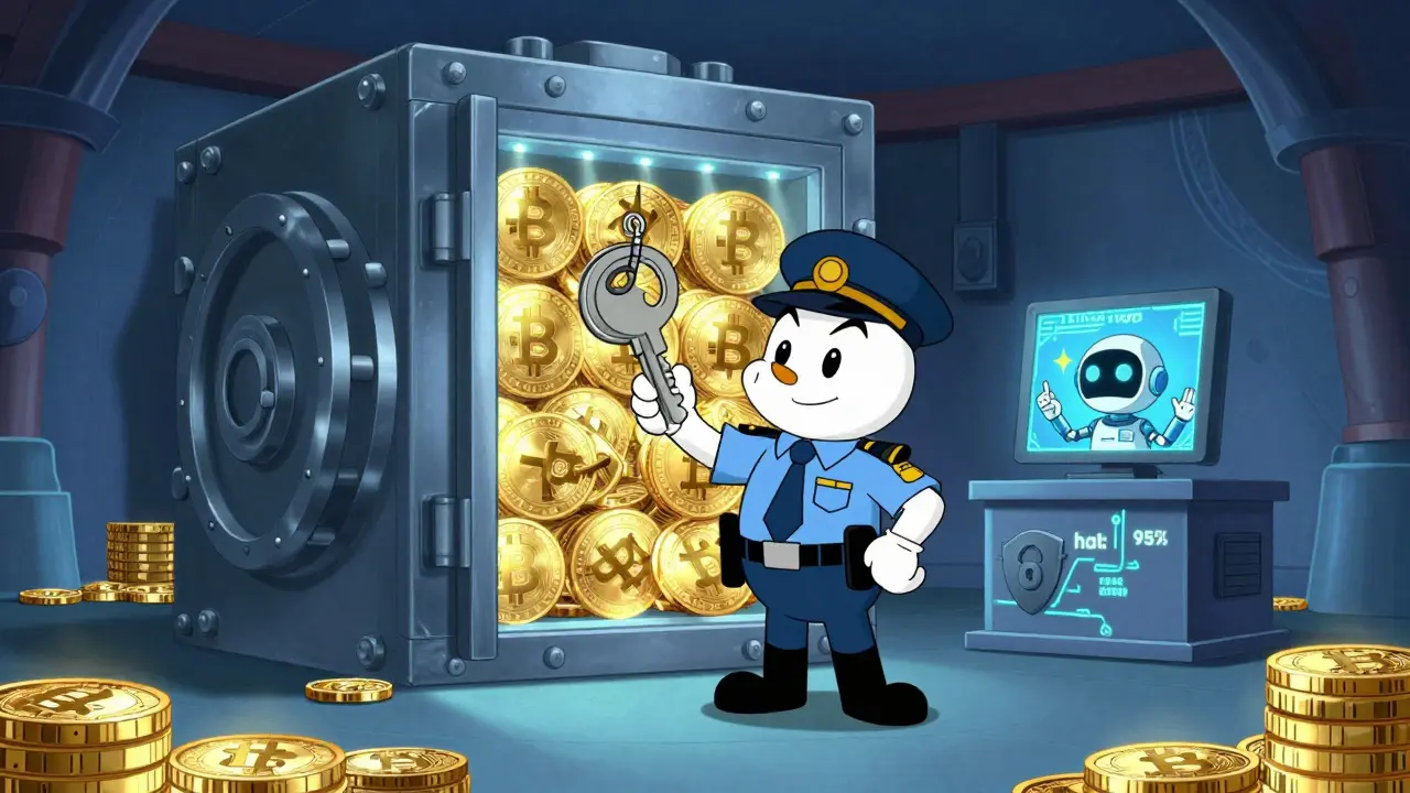 Animated vault scene showing secure cold storage of cryptocurrency coins