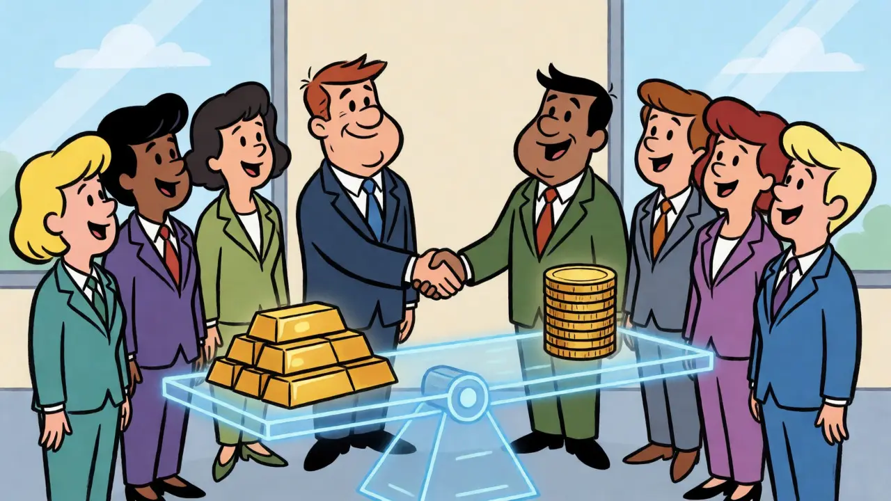 Business figures balancing gold reserves against RLUSD tokens on a scale.