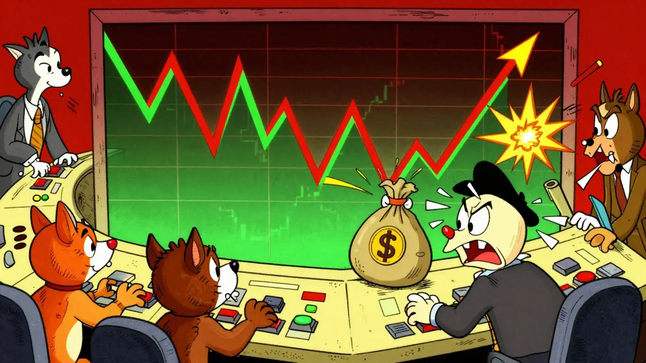 Cartoon animals panicking at a trading desk with a wild price chart in Hanna-Barbera style.