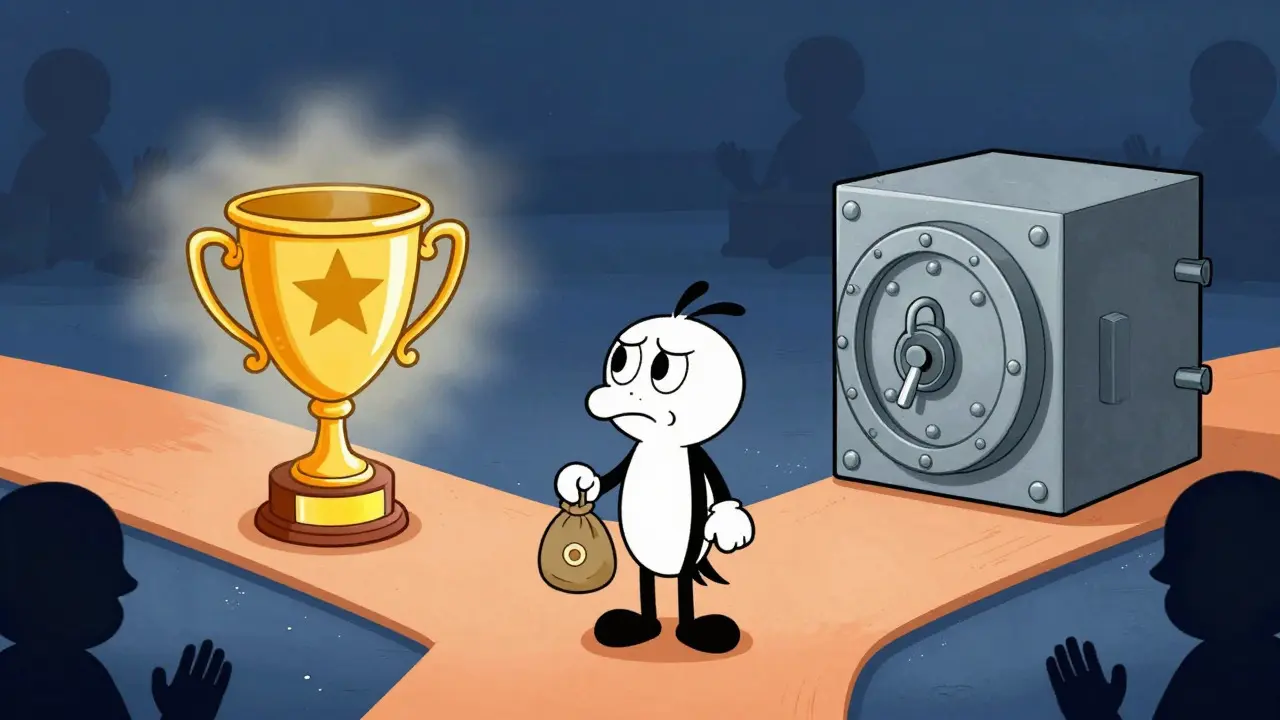 Cartoon character facing a choice between a risky trophy and a safe vault