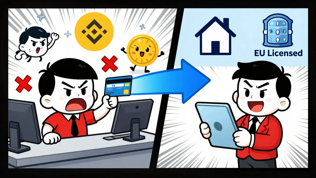 Cartoon comparison of failed card payment vs successful SEPA transfer