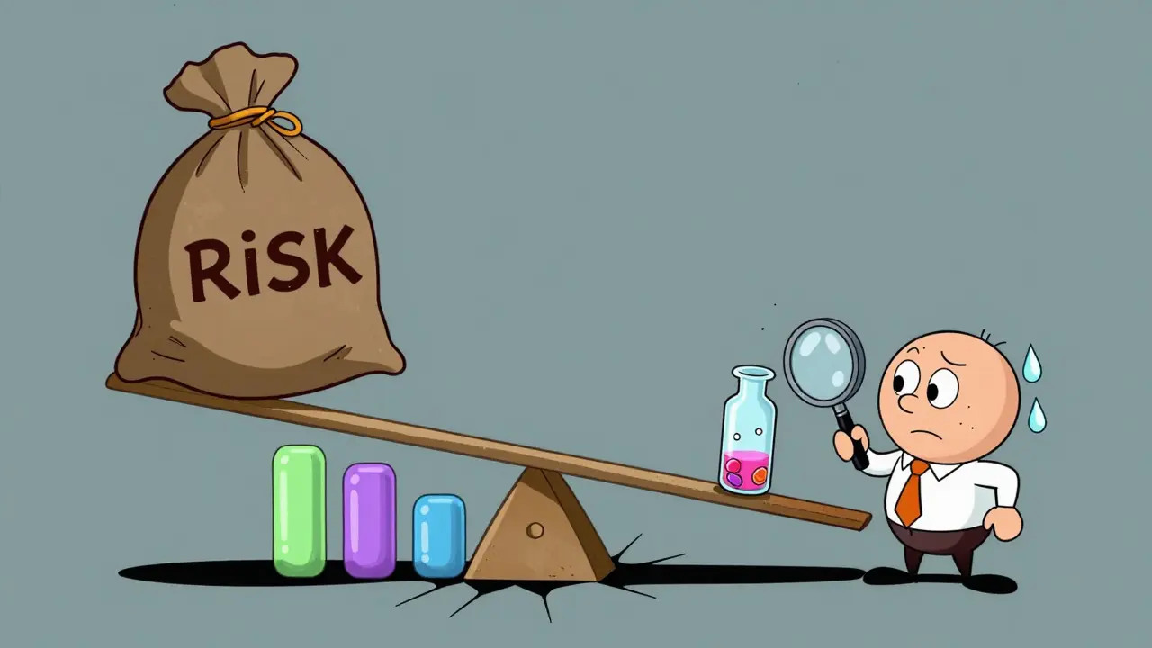 Cartoon investor weighing high risk against low liquidity with a balancing scale