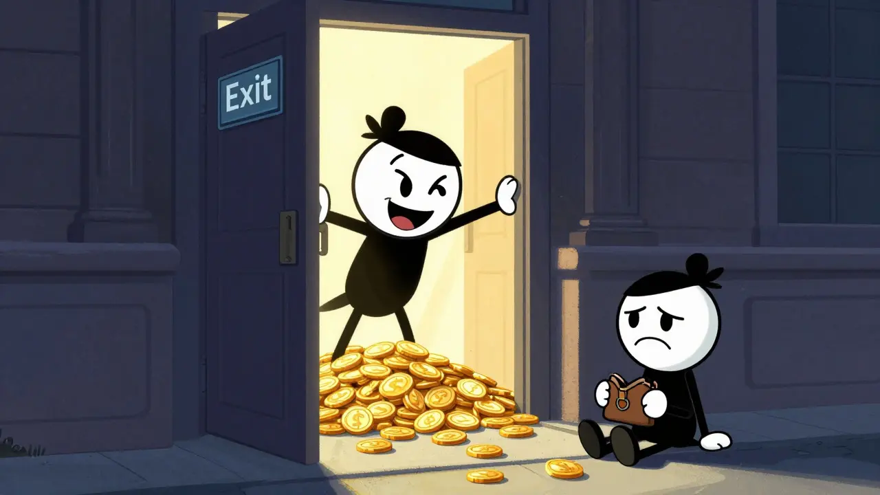 Cartoon showing a door opening to reveal wealth, leaving a dejected exchange character