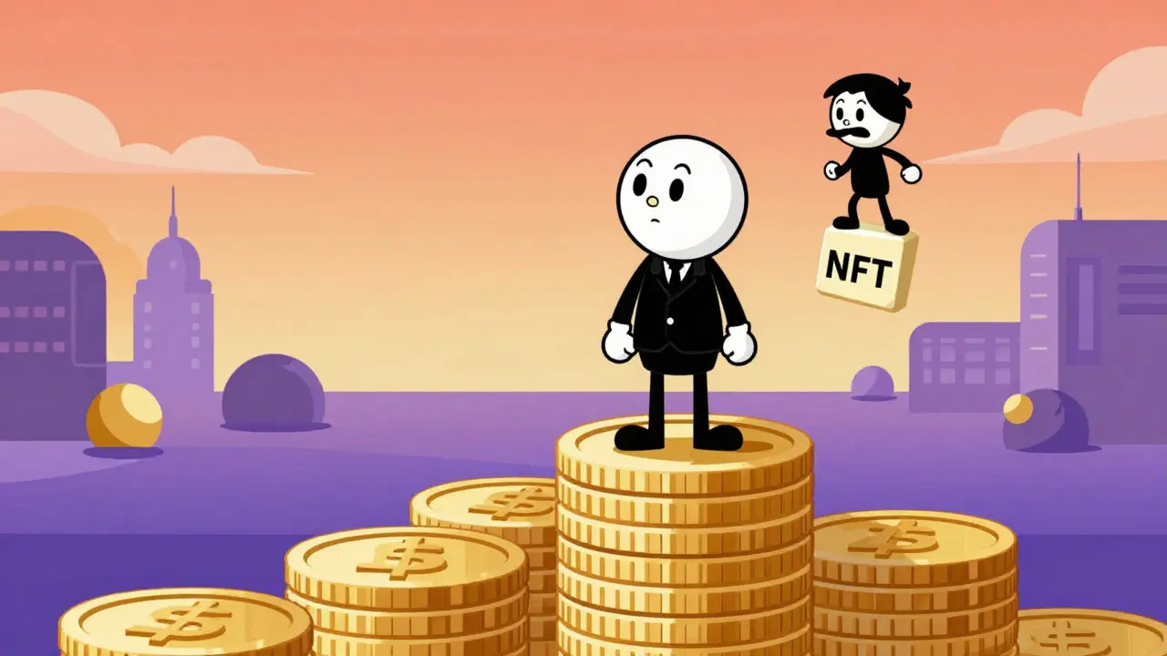 Cartoon showing a stable coin platform beside a floating NFT tile against a futuristic backdrop