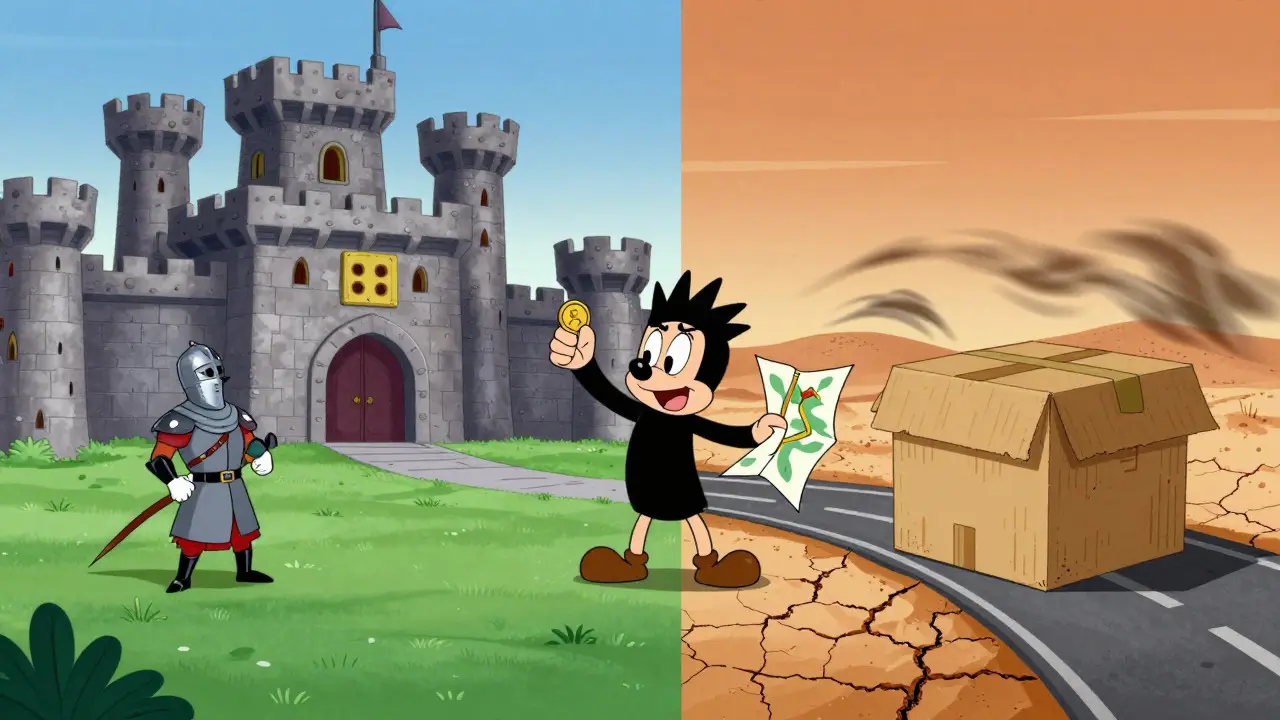 Character choosing between a secure castle and a flimsy box in cartoon art