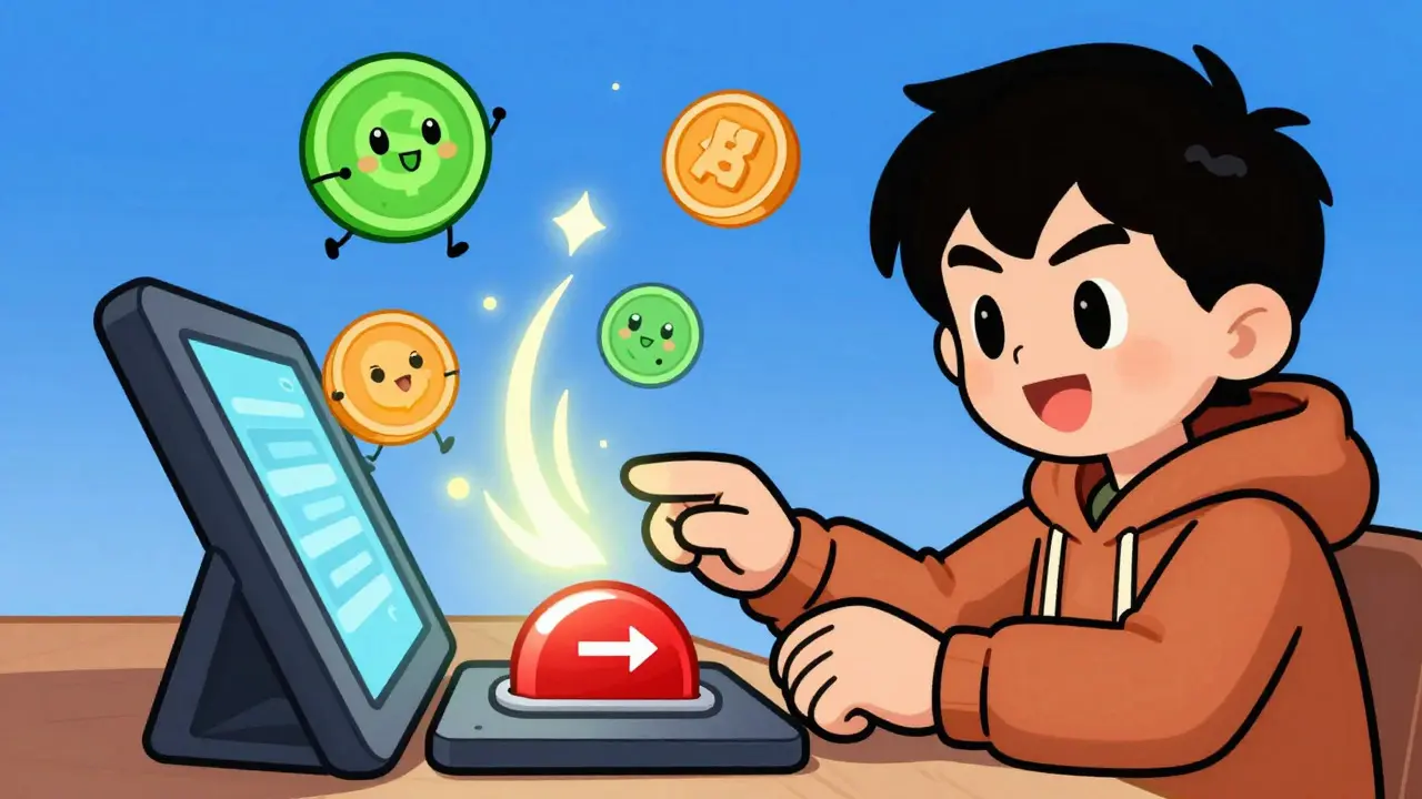 Character pressing a swap button while coin characters dance into a light vortex
