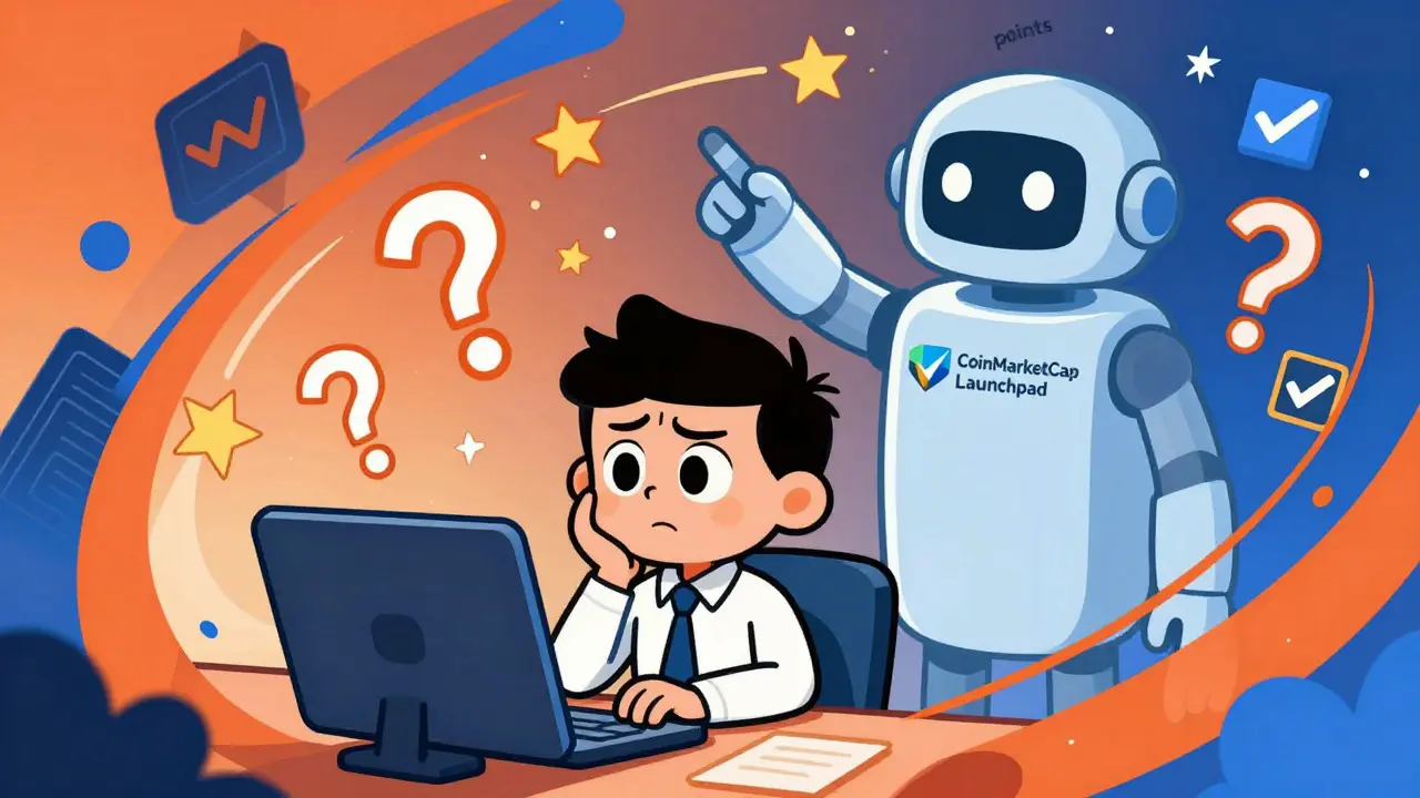 Confused cartoon investor receiving guidance from a friendly robot assistant