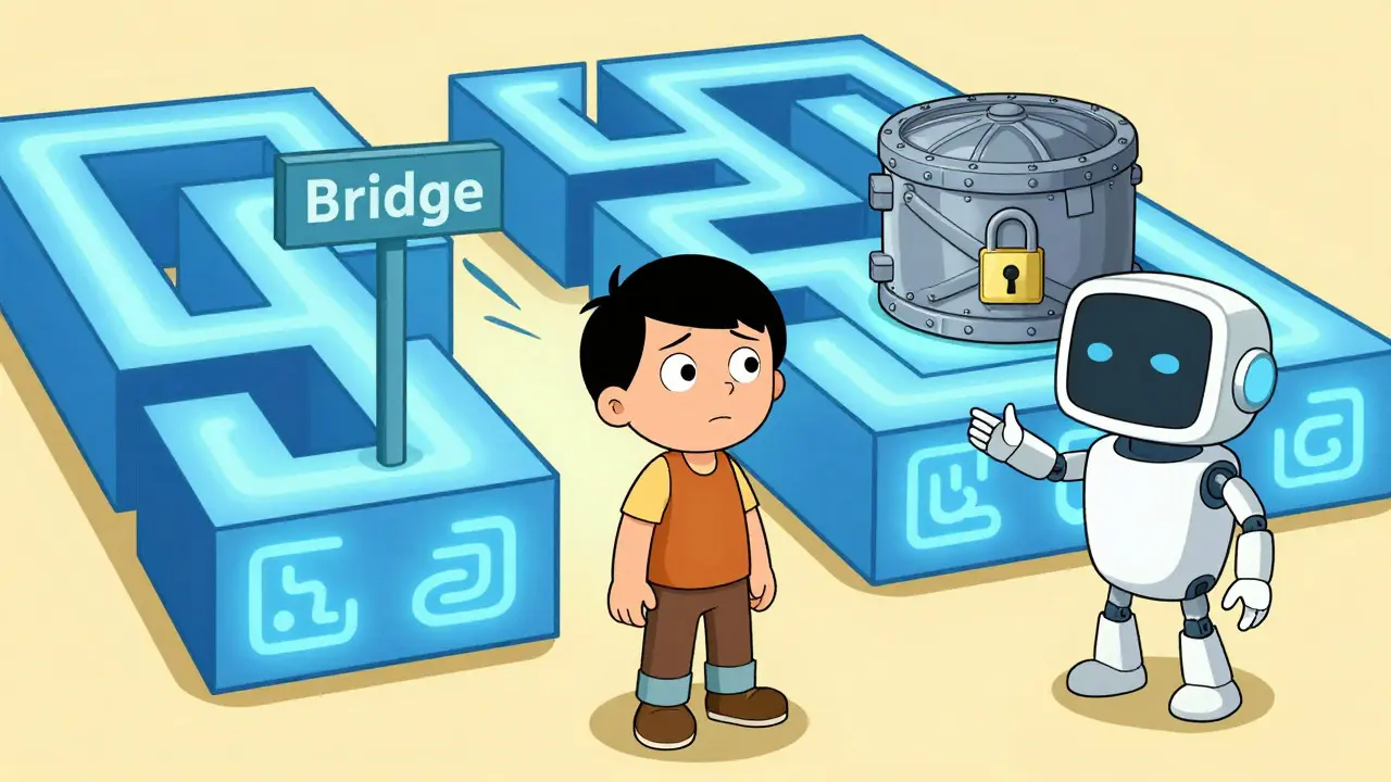 Confused user navigating a DeFi maze with bridge obstacles in cartoon style