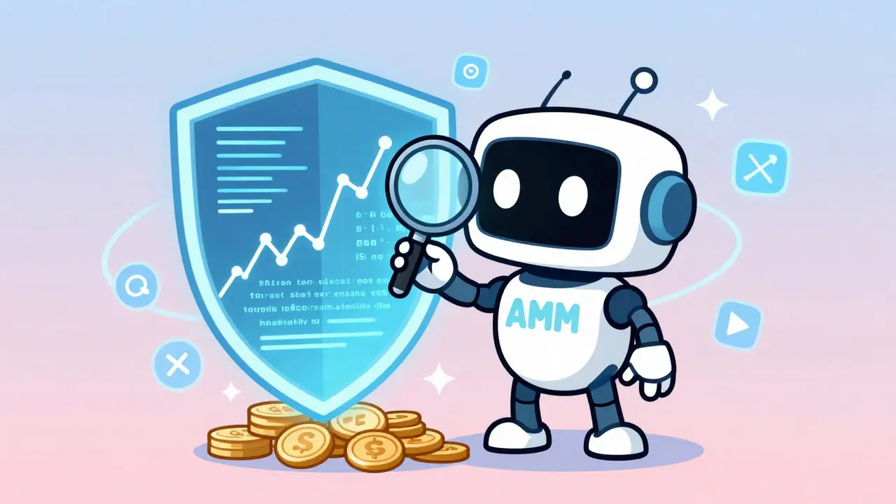 Cute robot analyzing data streams for AI-powered automated market making