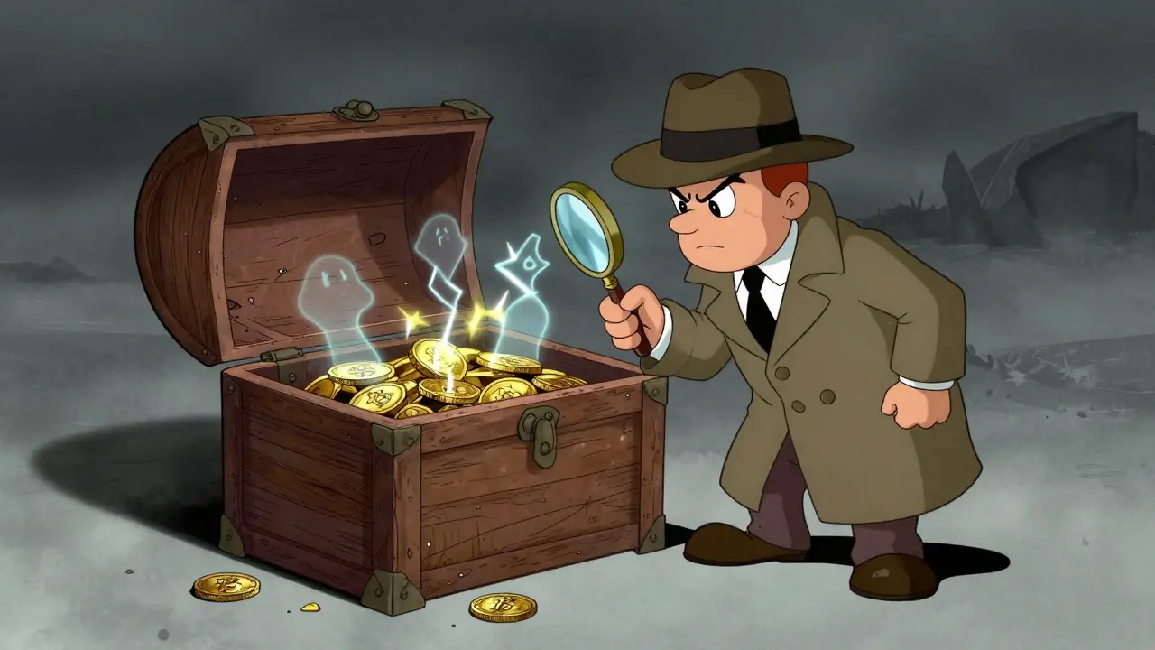 Detective character examining a dusty, cracked chest with fading contents