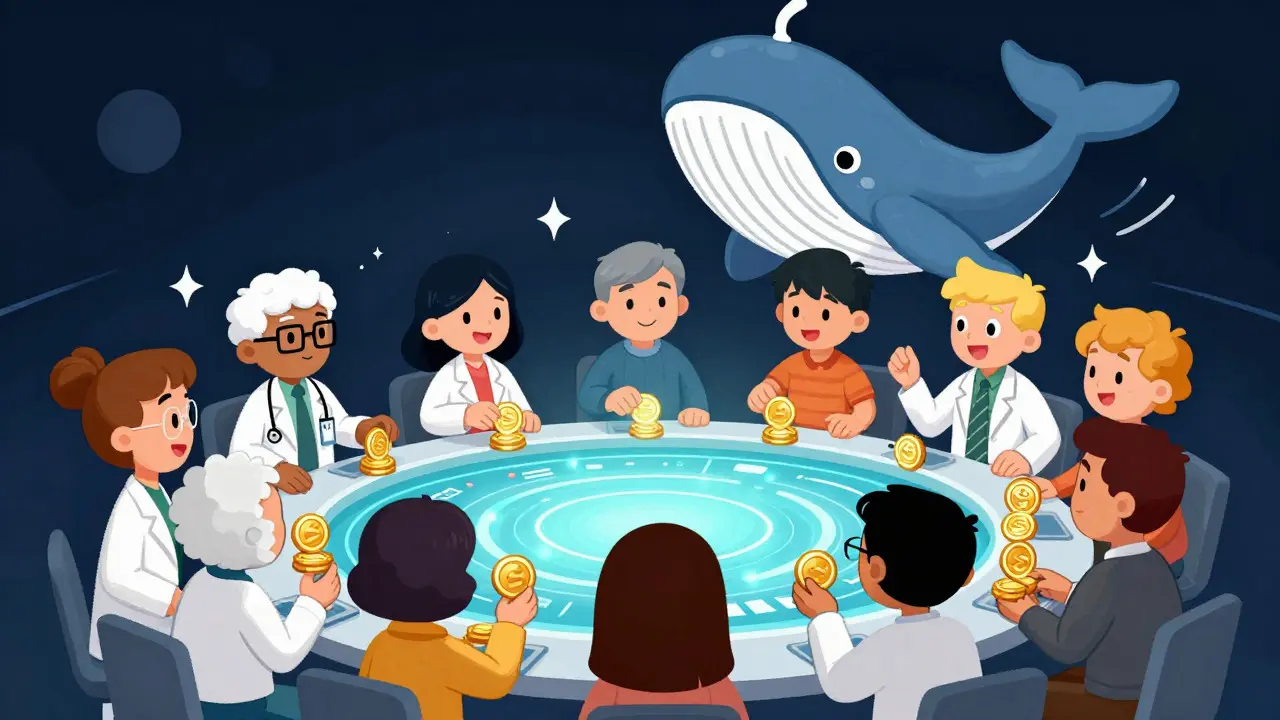 Diverse community members staking tokens in a pool under a whale mascot oversight.