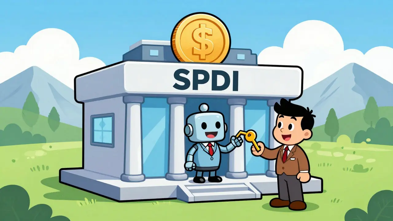 Friendly robot banker handing keys to customer at a digital asset bank in Wyoming.