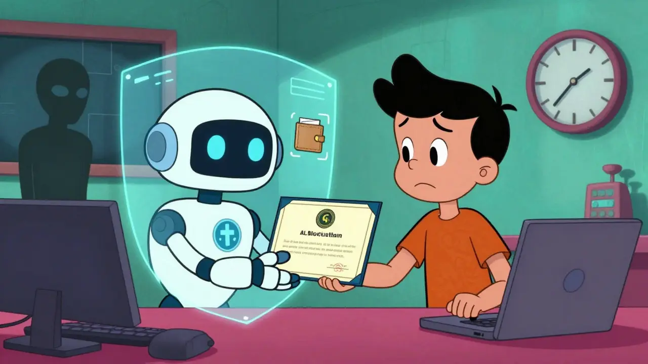 Friendly robot handing a digital certificate to a human creator in a secure studio