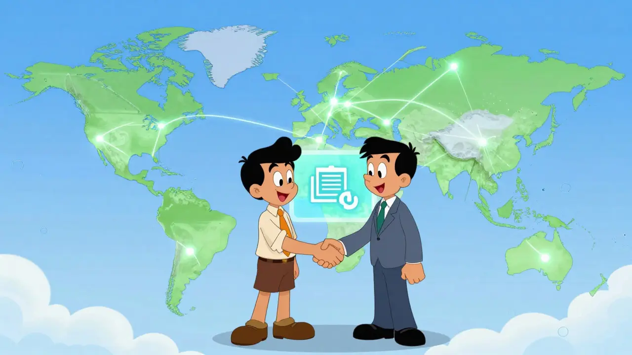 Global handshake over smart contract interface in cartoon style
