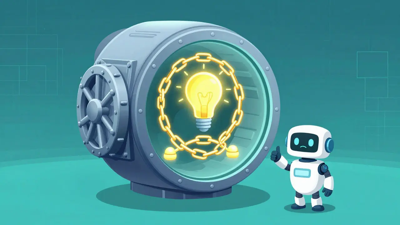Glowing blockchain vault protecting an idea in cartoon style