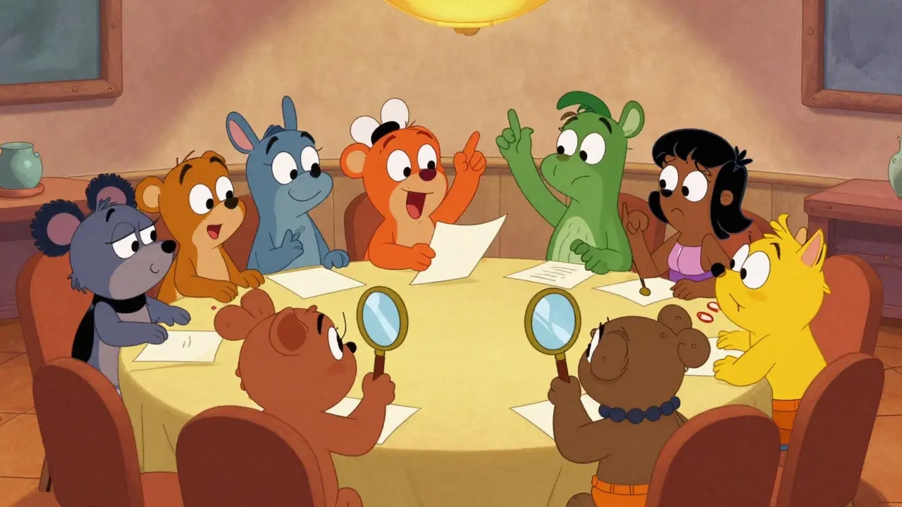 Group of cartoon animals discussing in a community hall in Hanna-Barbera style.