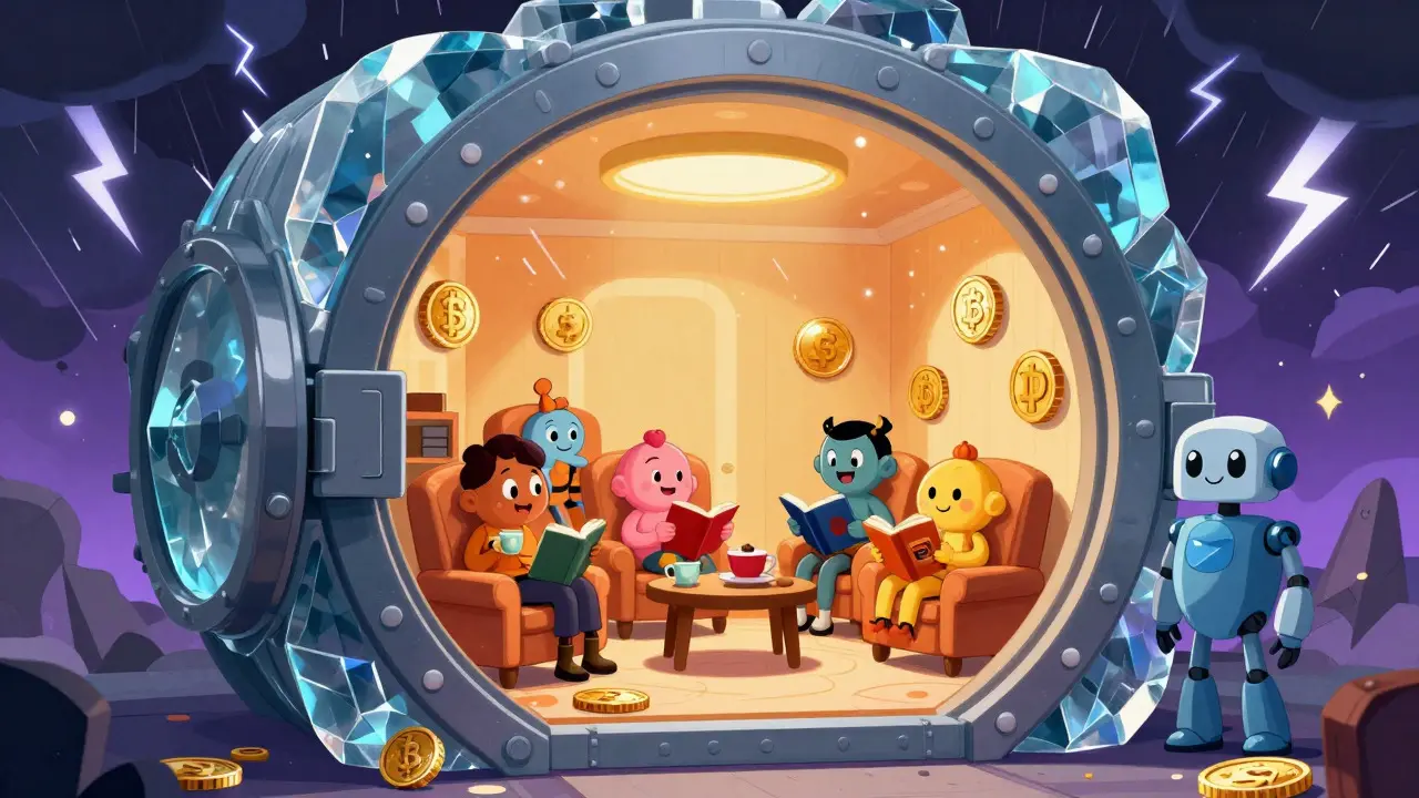 Happy coin characters relaxing safely inside a crystal vault protected from storms
