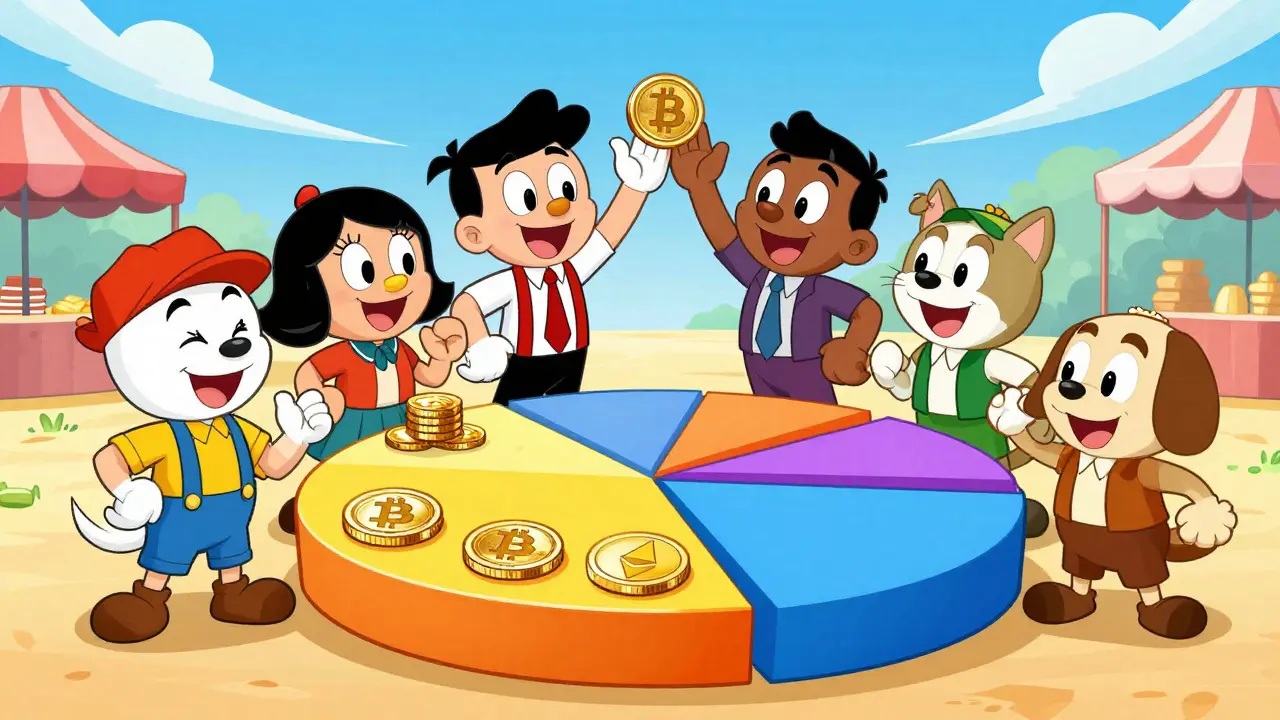 Happy traders celebrating low fees and diverse crypto assets in cartoon art