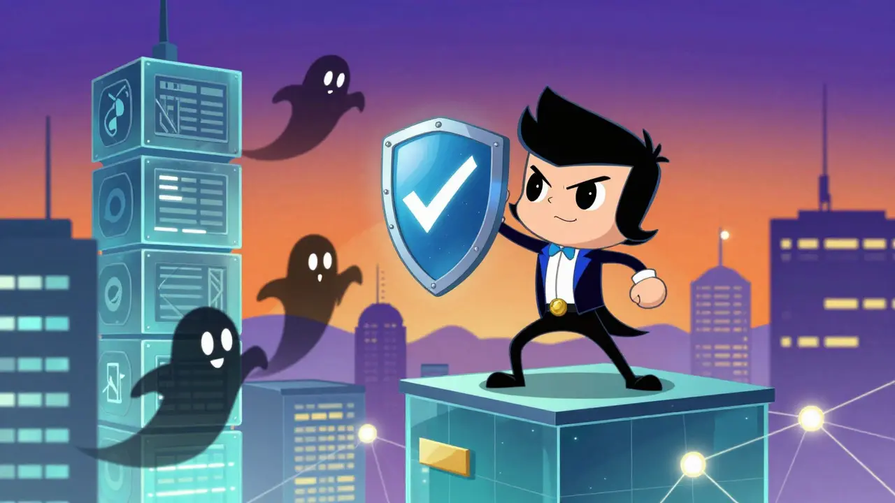 Heroic cartoon character shielding themselves from data thieves in a futuristic blockchain city