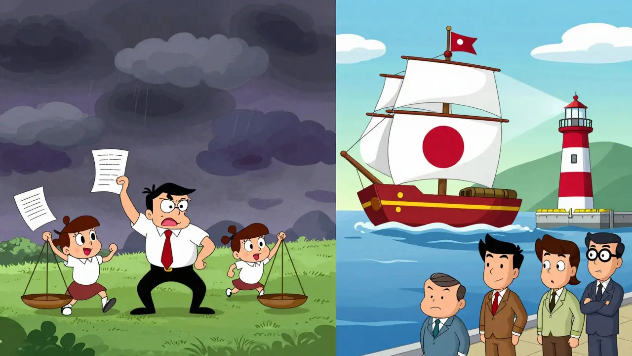 Illustration comparing chaotic markets with a calm, regulated financial harbor
