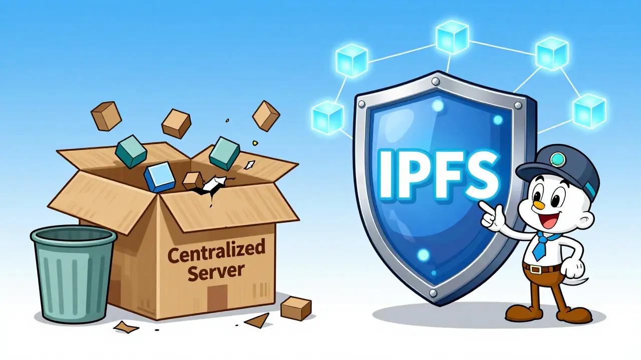 Illustration comparing fragile centralized server vs secure IPFS shield for data.