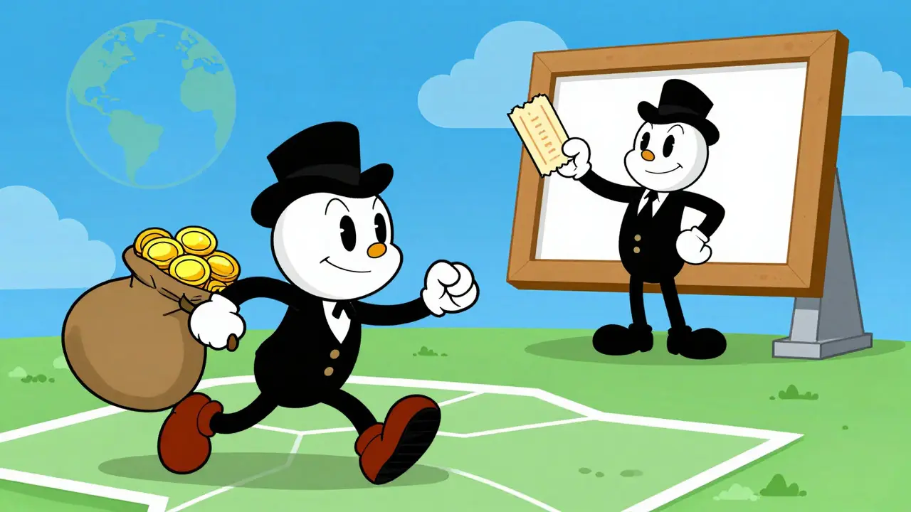 Illustration of a character sending money globally next to someone displaying a digital collectible