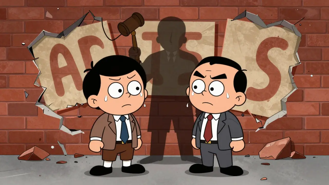 Illustration of anxious founders facing skepticism and legal shadows behind them