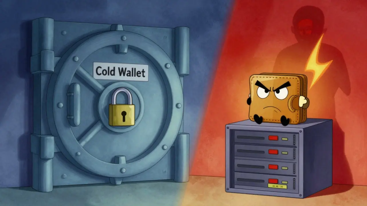 Illustration showing secure cold storage vs risky hot wallets in cartoon style