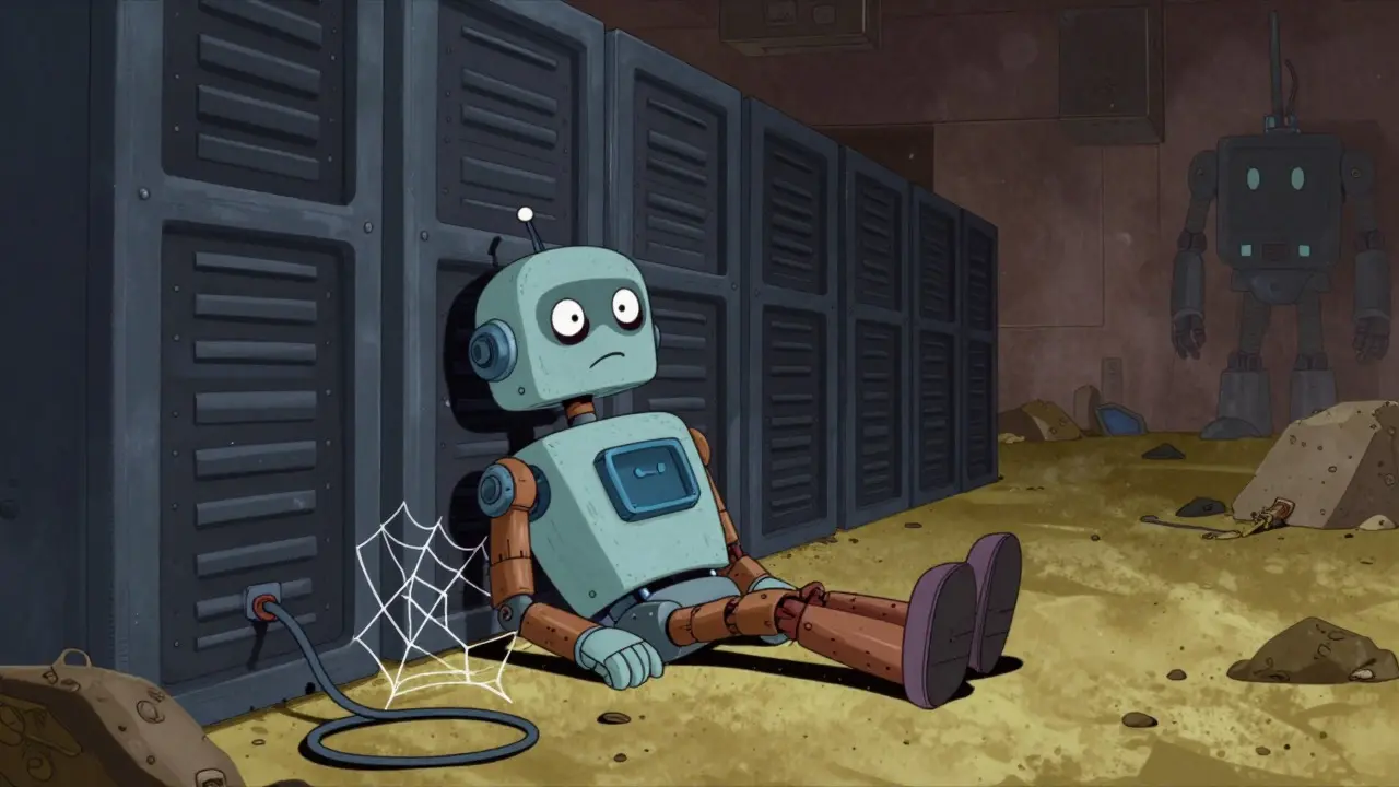Lonely, dusty robot sitting in an abandoned, dark digital server room