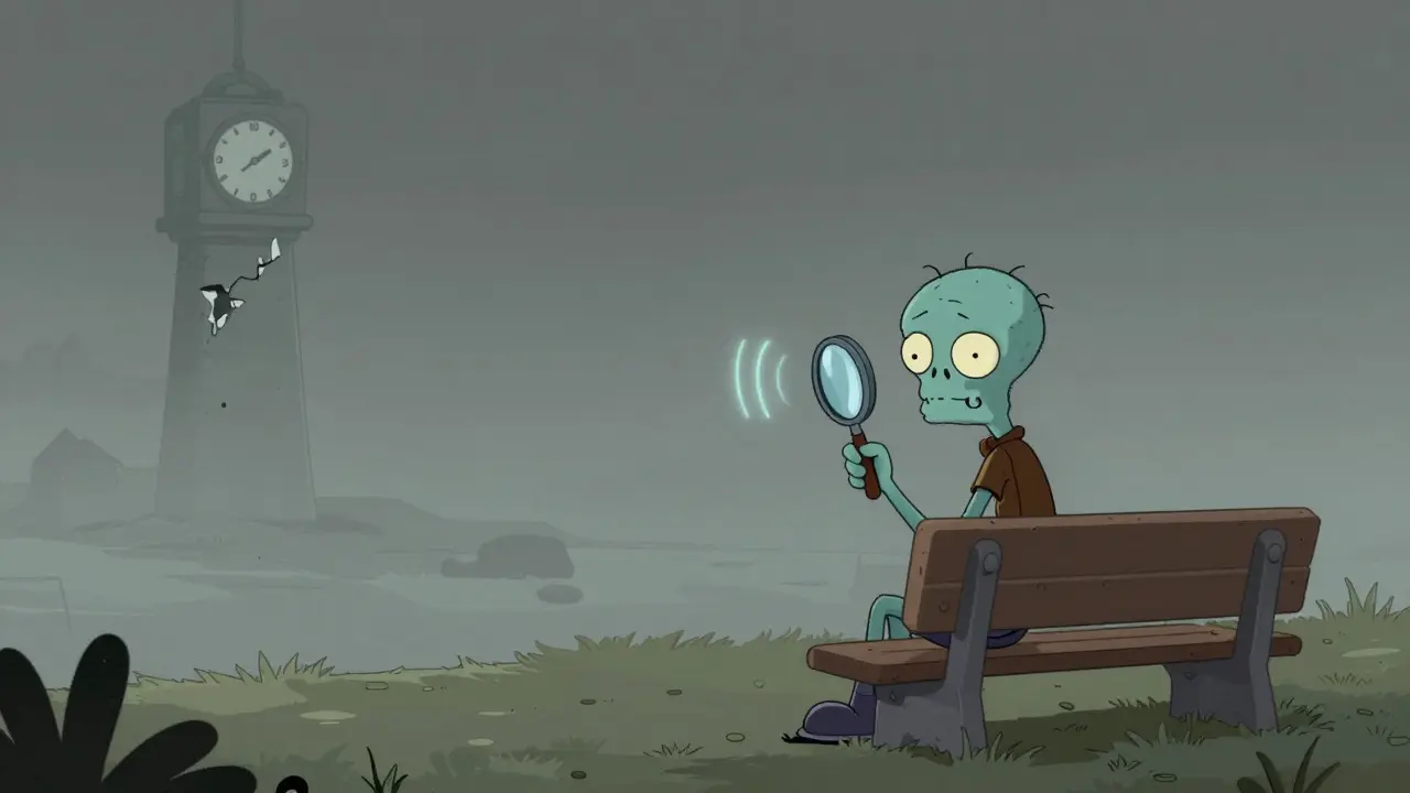 Lonely zombie sitting on a bench in a foggy, empty digital landscape
