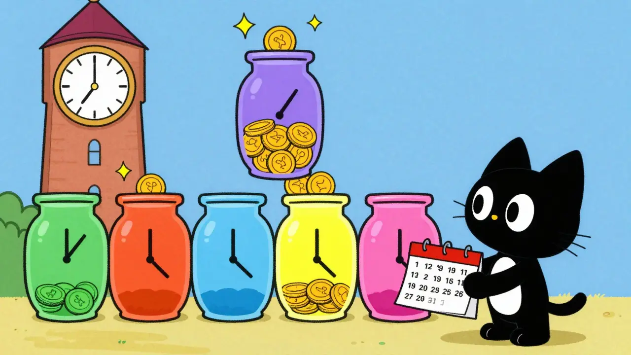 Retro cartoon of a clock tower with jars filling up to represent token vesting schedules
