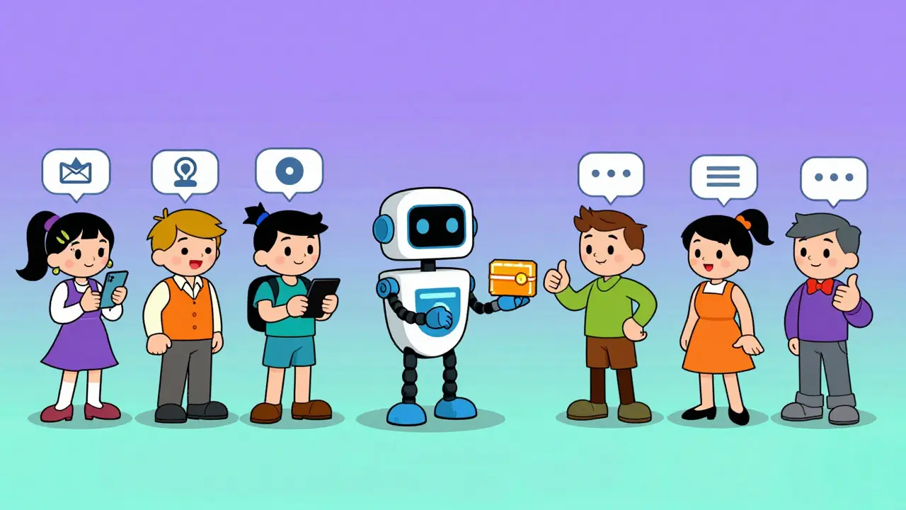 Robot assistant distributing digital chest icons to a line of cartoon users