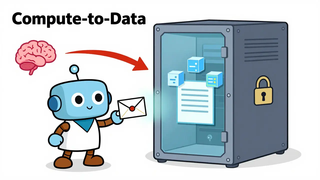 Robot researcher sending code to a secure server for private AI training analysis.