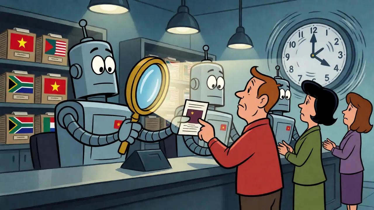 Robotic bank tellers using giant magnifying glasses to scrutinize crypto users from greylist nations.