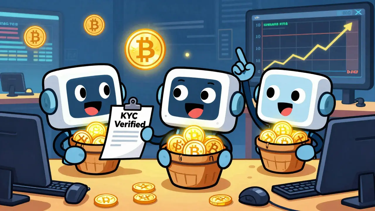 Robots distributing BNC tokens at a busy crypto exchange floor