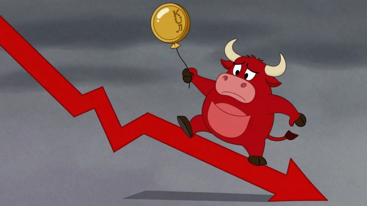 Sad bull sliding down a red arrow representing price drop in Hanna-Barbera style