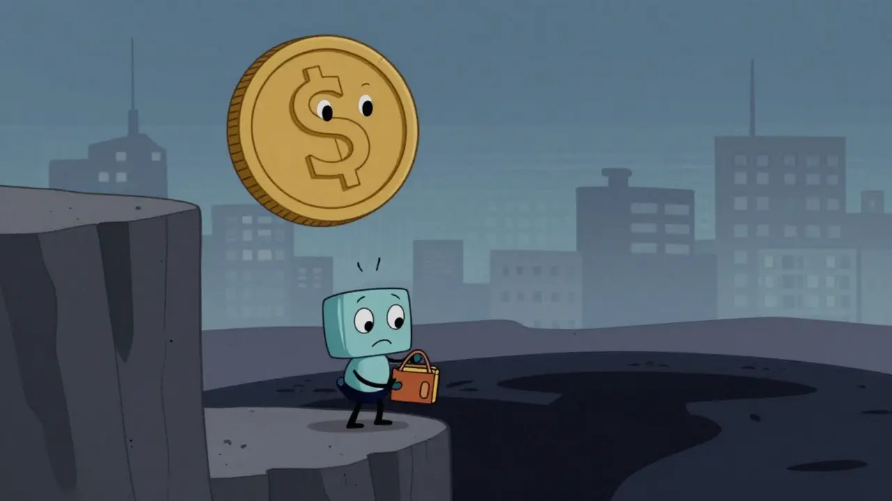 Sad robot watching a large coin fall off a cliff into a dark abyss