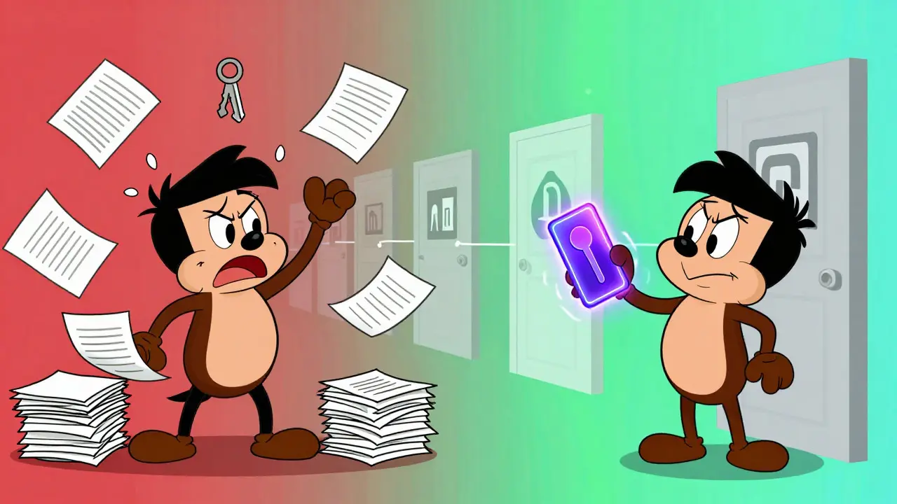 Split cartoon view contrasting stressed paperwork juggling with a single secure digital key