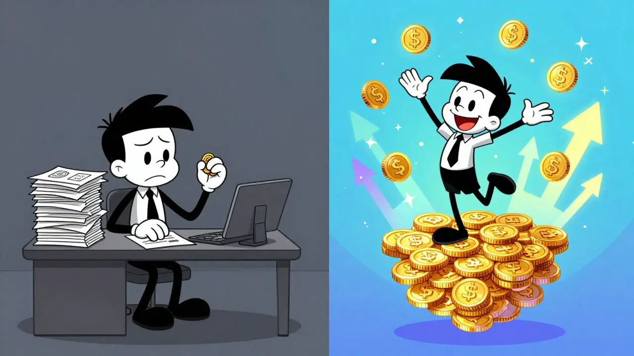 Split-view cartoon contrasting a struggling traditional creator with a successful blockchain artist